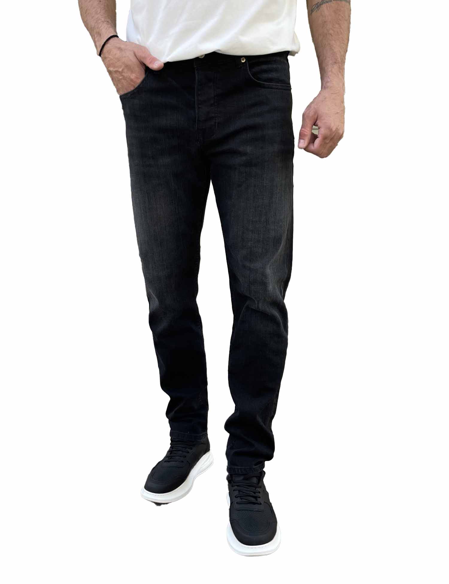 Ανδρικό μαύρο ξεβαμμένο πεντάτσεπο τζιν παντελόνι ίσιο με κουμπιά 3LN2022 φωτογραφία